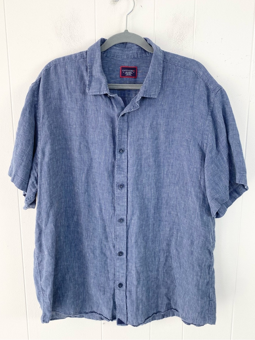 UNTUCKit Canon Shirt Mens XXL Blue 100% Linen Short Sleeve Striped Coastal